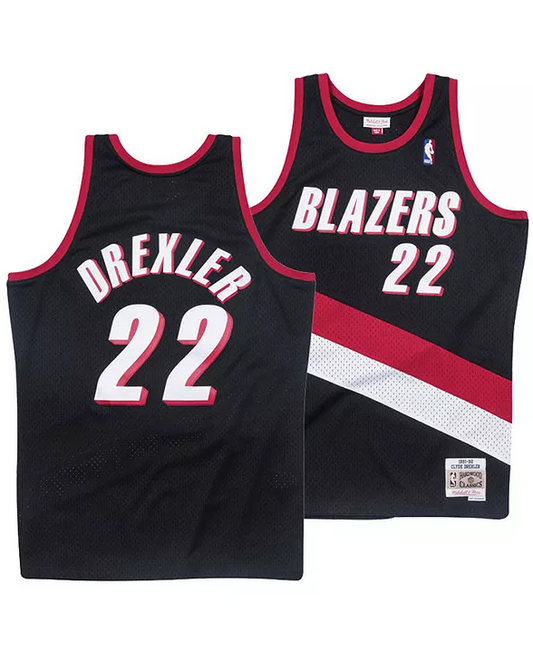 Men's Clyde Drexler Portland Trail Blazers Mitchell & Ness Black/Red/White Hardwood Classics Swingman Jersey