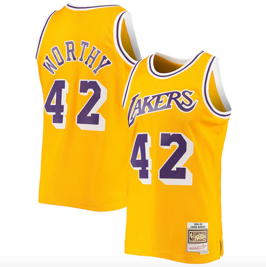 Men's Los Angeles Lakers James Worthy Mitchell & Ness Gold 1984-85 Hardwood Classics Swingman Jersey