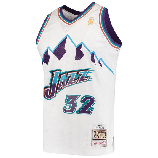 Men's Karl Malone Mitchell & Ness Jazz Swingman Jersey - White